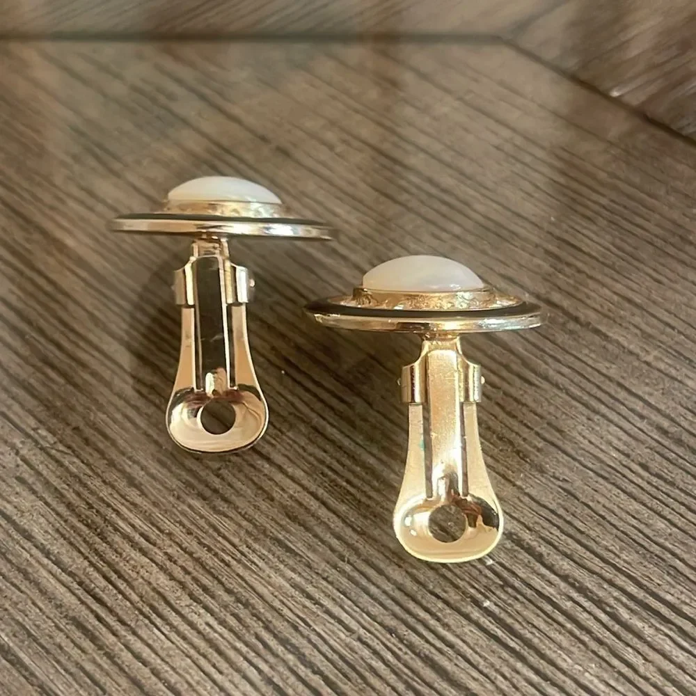 Vintage Button Clip Earrings, Black Enamel and Mother of Pearl Center